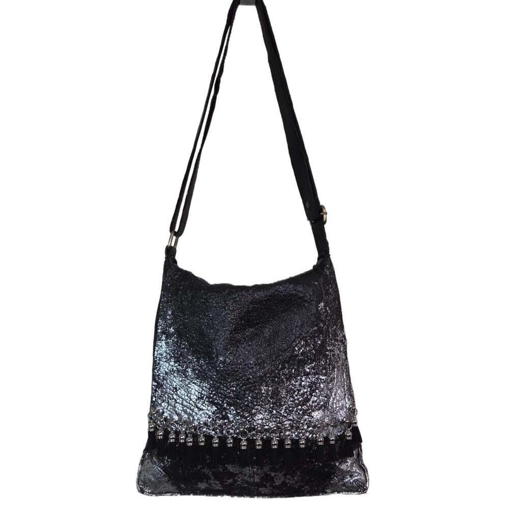 Custom Maxon Collection Italian Leather Crossbody Bag Black Silver Tassels
